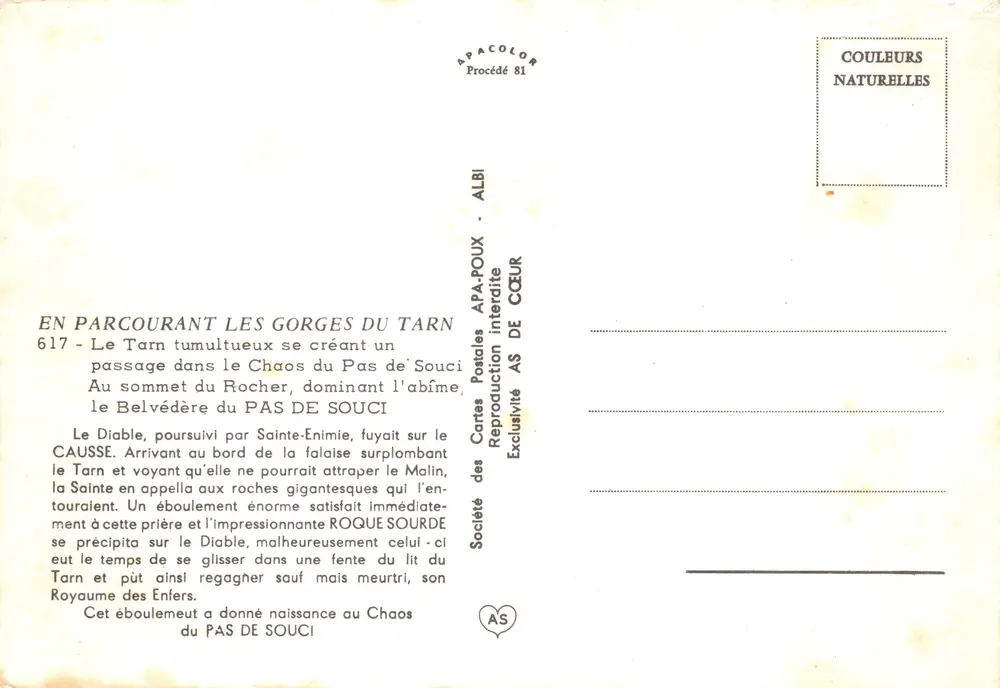 Gorges du Tarn — Pas de Souci — Société des Cartes Postales APA-POUX - Rückseite