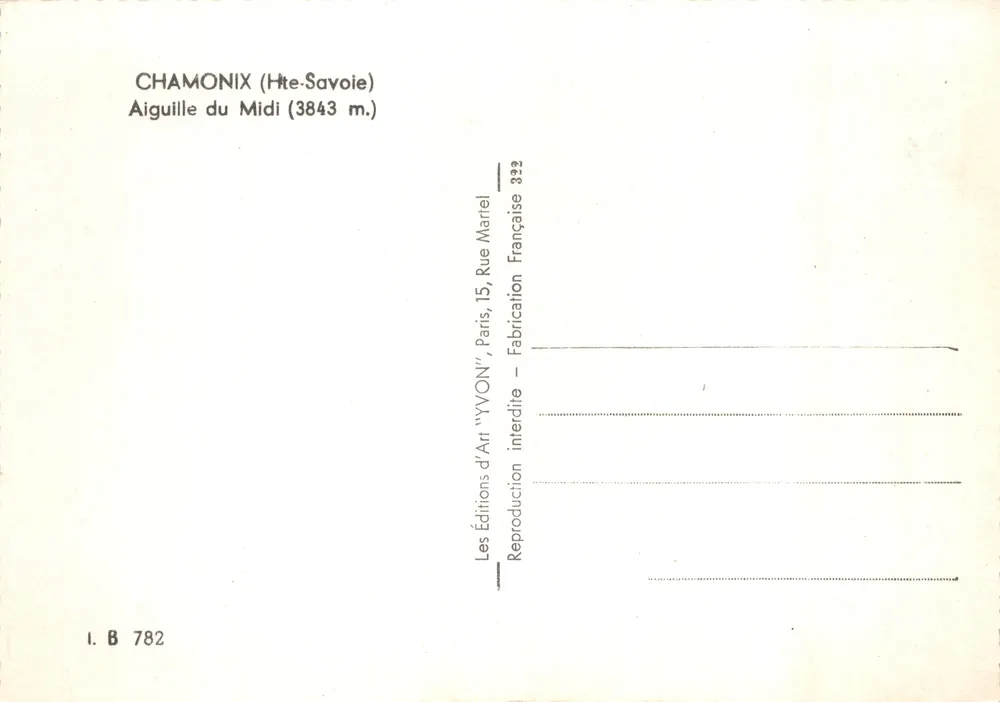 Aiguille du Midi — vue aérienne enneigée — éditeur YVON, n° 322 - Verso