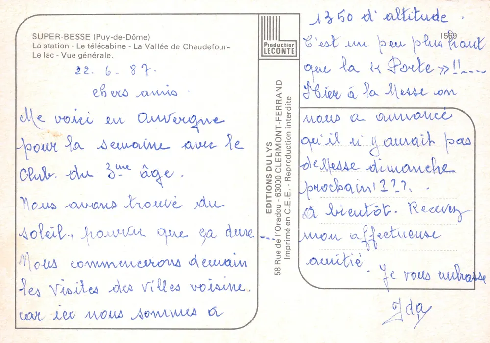 Super-Besse — vue générale avec télécabine et lac — Éditions du Lys - Verso