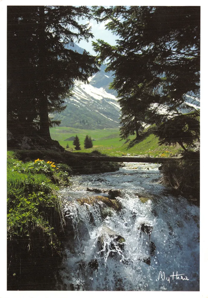 Bergwasserfall — eingerahmte alpine Aussicht mit Tannen — Verlag Mythra, Nr. 940 - Vorderseite