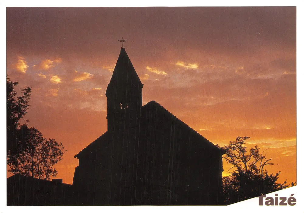 Église de Taizé — silhouette au coucher du soleil — Ateliers de Presses de Taizé - Recto
