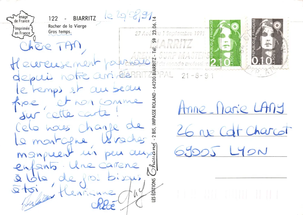 Rocher de la Vierge — Ansicht der Wellen und des Leuchtturms — Verlag Thouand - Rückseite