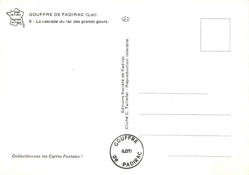 Padirac-Höhle (Lot) — Wasserfall des Sees der großen Gours — Editions C. Tallefer - Rückseite