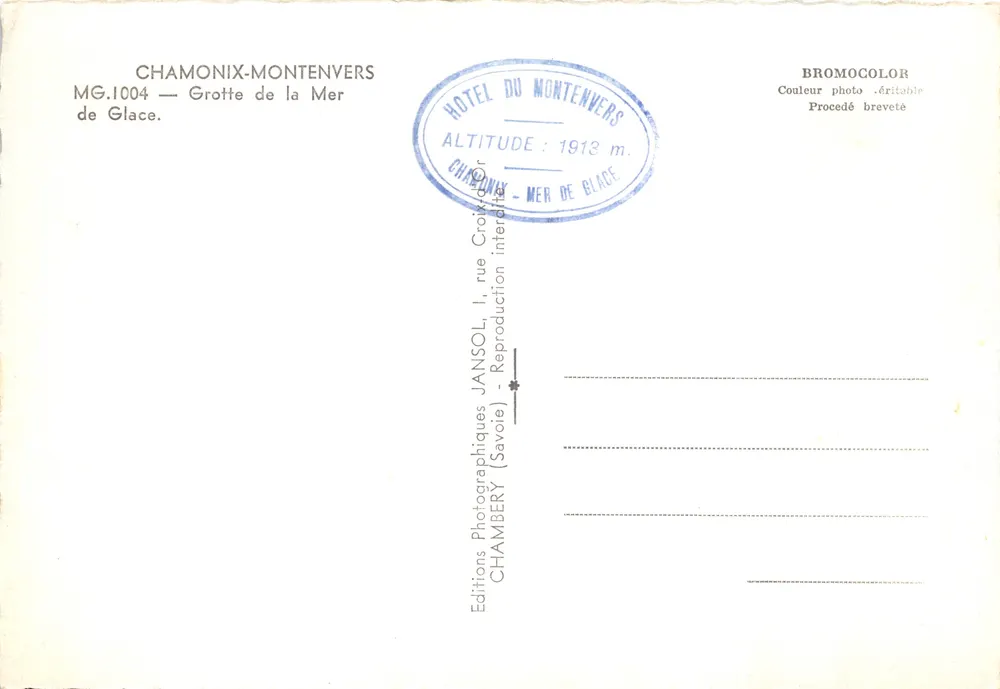 Chamonix-Montenvers — Ansicht der Grotte Mer de Glace — Verlag: Editions Photographiques Jansol - Rückseite