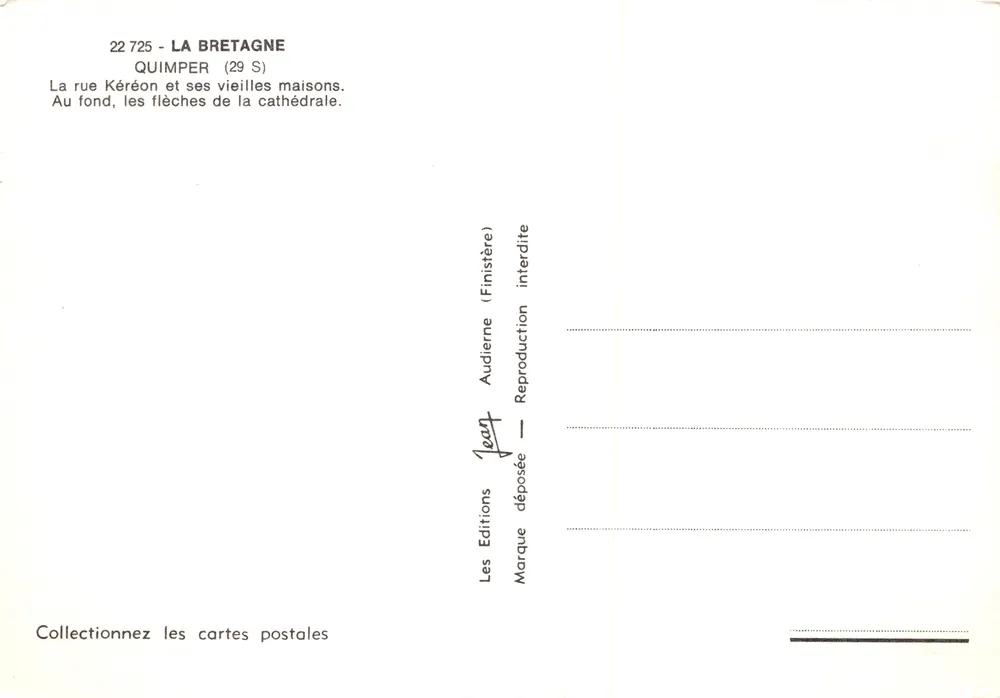 Quimper — rue Kéréon et flèches de la cathédrale — Audierne Éditions - Verso