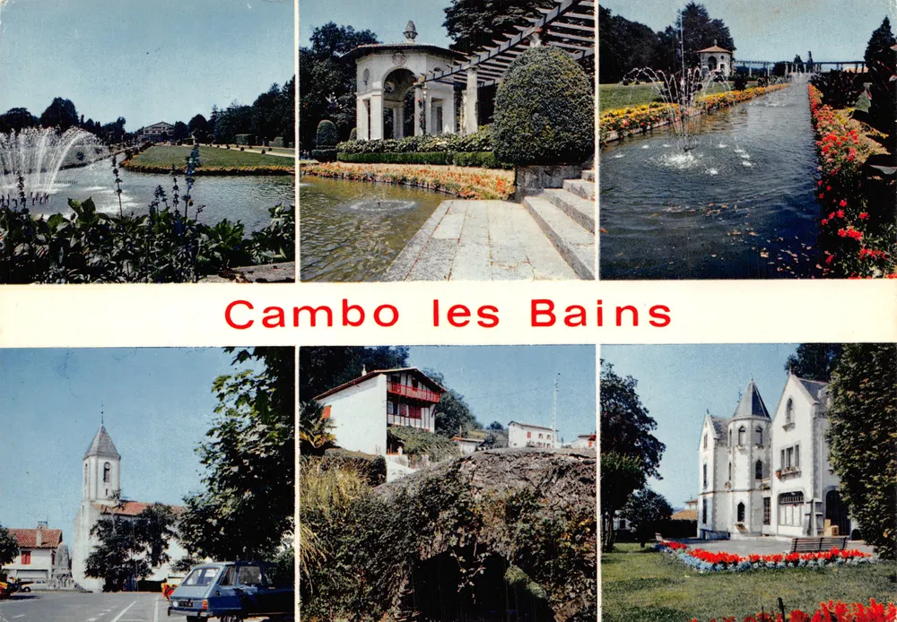 Cambo les Bains — Panoramablick auf die Gärten, Brunnen und Gebäude — Éditions LA CIGOGNE - Vorderseite