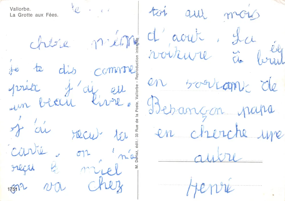 Vallorbe — La Grotte aux Fées — éditeur M. Défraz, n° 1751 - Verso