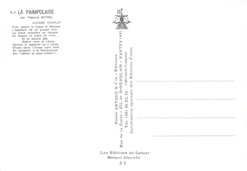 La Paimpolaise — chanson bretonne illustrée — Éditions St-Herblain - Verso
