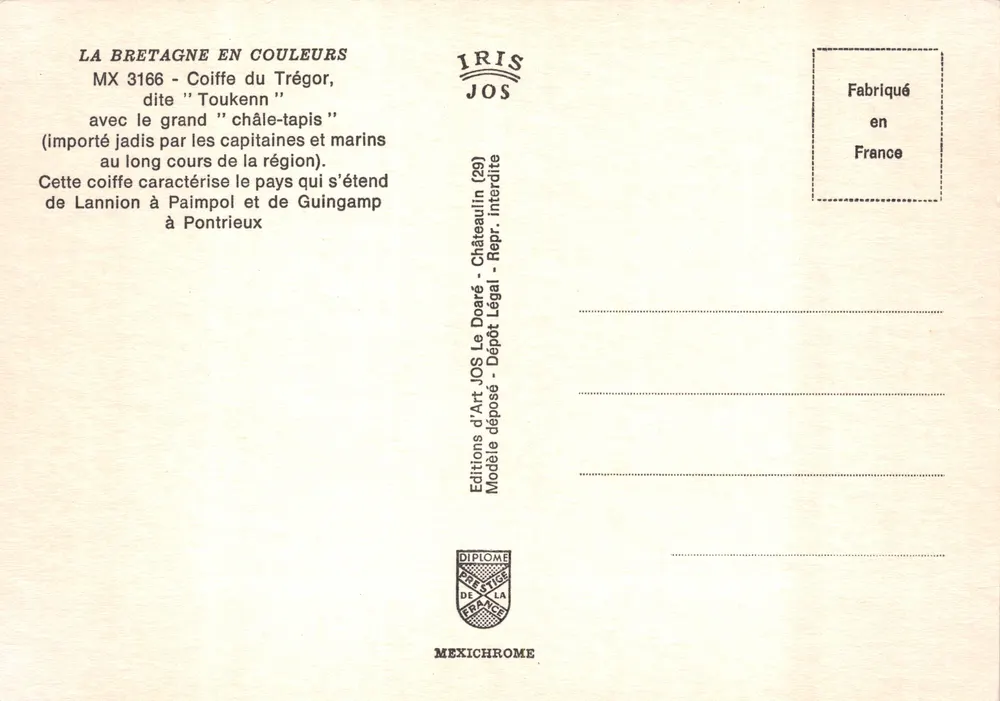 Frau im Bretonischen Kleid — Coiffe du Trégor, genannt "Toukenn" — Editions d'Art JOS - Rückseite