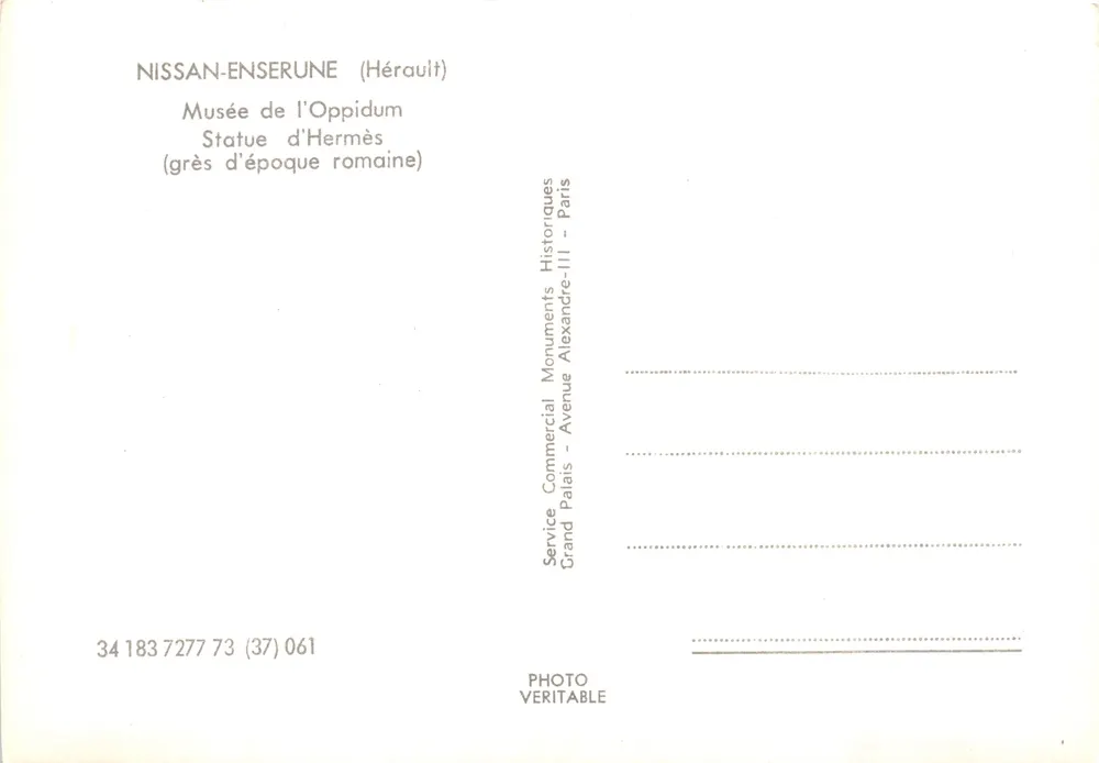 Nissan-Enserune — Römische Hermes-Statue — Service Commercial Monuments Historiques, Paris - Rückseite