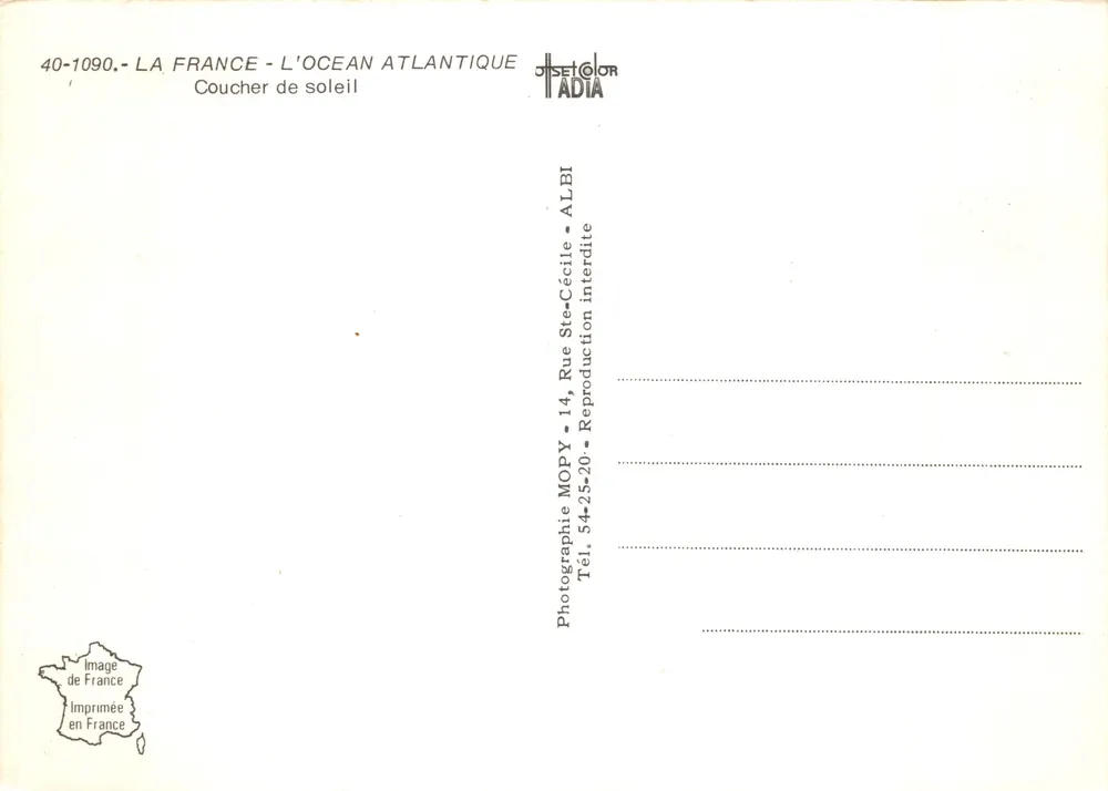 Coucher de soleil — plage atlantique — éditeur MOPY, n° 40-1090 - Verso