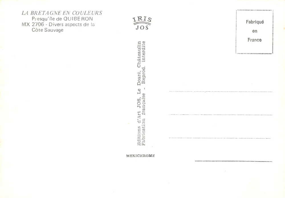 La Côte Sauvage — Quiberon — Éditeur IRIS JOS, n° MX 2706 - Verso