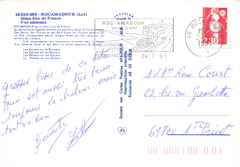 Rocamadour — luftige Ansicht des mittelalterlichen Ortes auf dem Felsen — Verlag AS - Rückseite