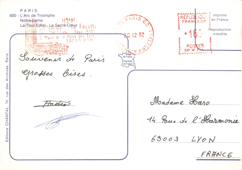 Paris — Nachtsicht der Denkmäler (Arc de Triomphe, Notre-Dame, Eiffelturm, Sacré-Cœur) — Editions CHANTAL - Rückseite