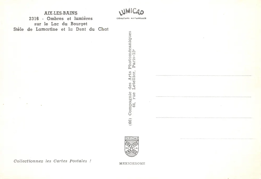 Aix-les-Bains — Stèle de Lamartine et la Dent du Chat — éditeur IRIS - 뒷면
