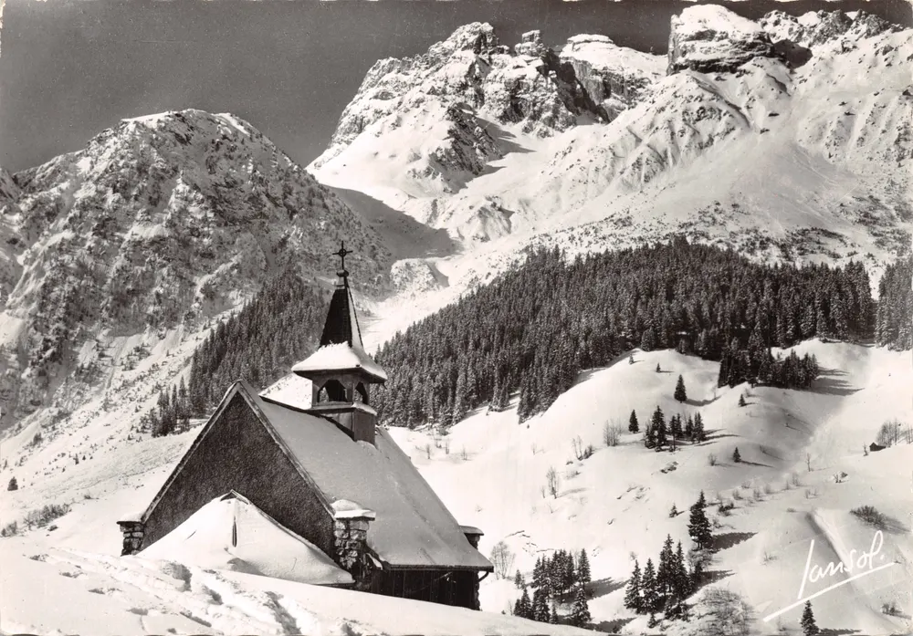 Église enneigée — vue d'hiver dans les Alpes — Jansol, éditeur - Recto