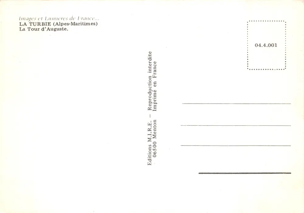 La Tour d'Auguste — Monument à La Turbie — Éditeur M.I.R.E. Menton - Verso