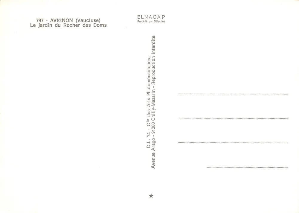 Jardin du Rocher des Doms — Avignon (Vaucluse) — éditeur Elnacap, n° 797 - Verso