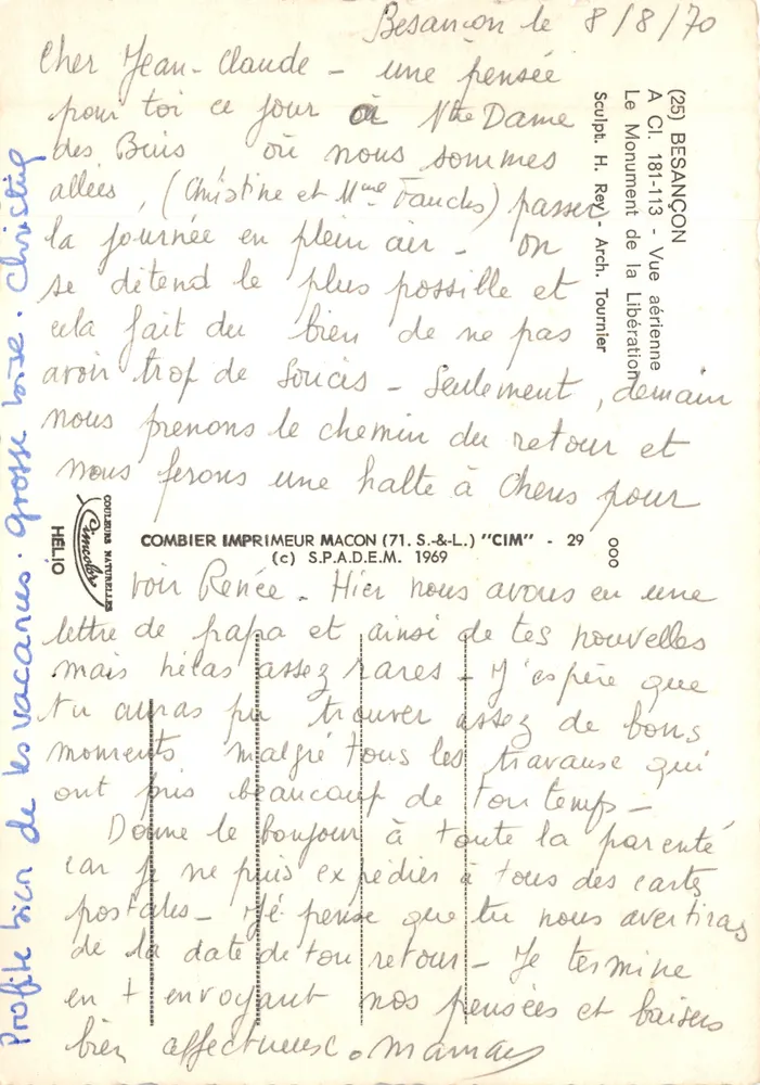Besançon — Luftbild des Befreiungsmonuments — Verleger Cim - Rückseite