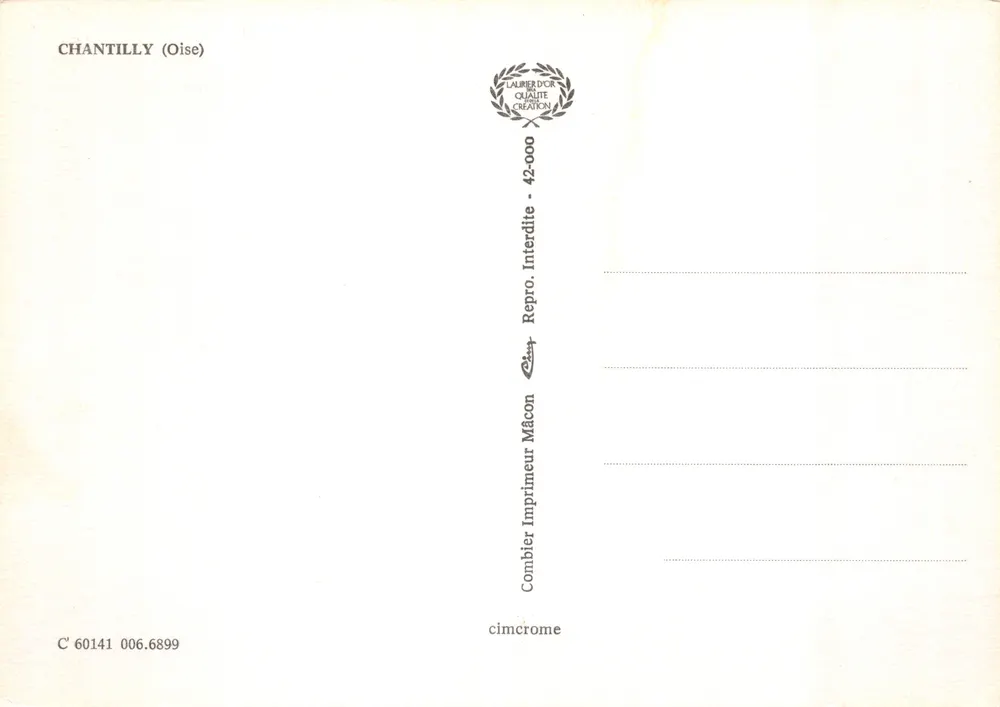 Schloss Chantilly — Panoramablick und Innenaufnahmen — Verlag Combier Imprimeur Mâcon - Rückseite
