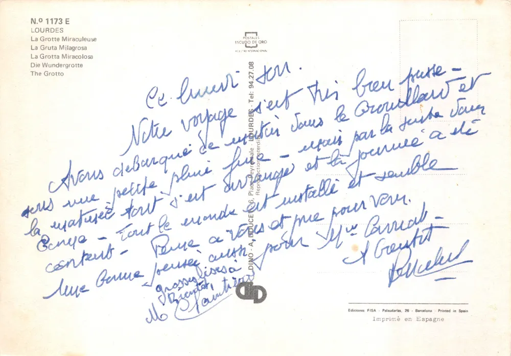 Lourdes — Grotte Miraculeuse — Éditeur ESCUDO DE ORO, n° 1173 E - 뒷면