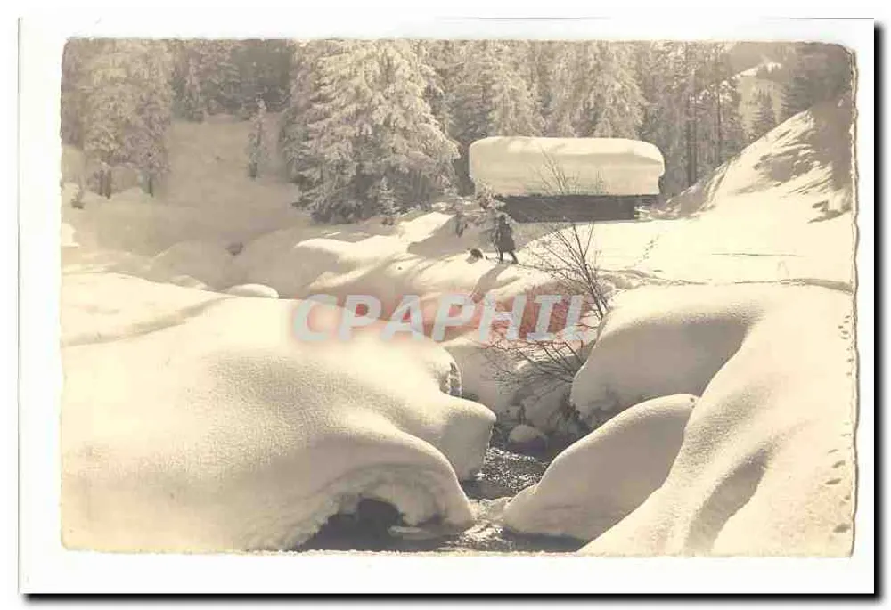 Winterlandschaft mit Schnee — Wald und Hütte — unbekannter Verlag - Vorderseite