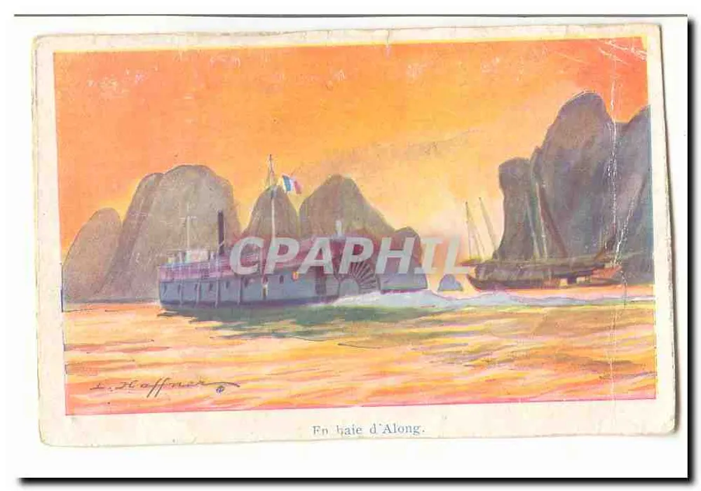 Na baía de Along — vista da baía com vapor e barcos a vela — L. Hoffner - Frente