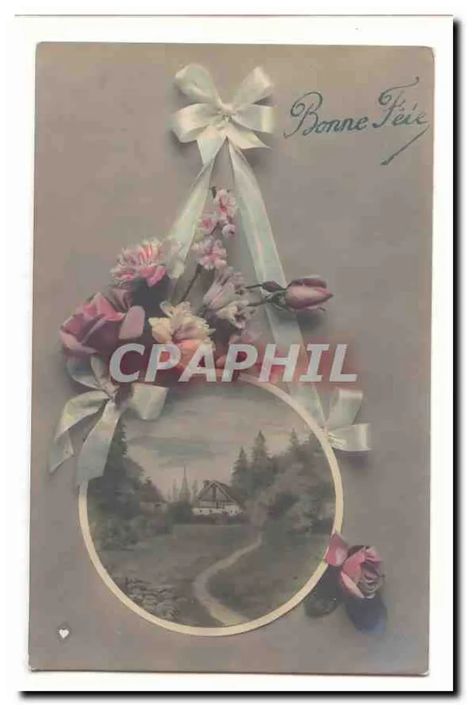 Bonne Félix — dekorierte Karte mit Blumen und Schleife — unbekannter Verlag - Vorderseite