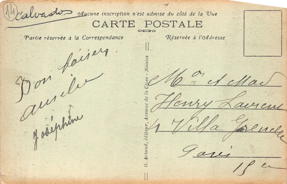 Falaise — Fontäne von Arlette, Verlag G. Artaud, n°44 - Rückseite