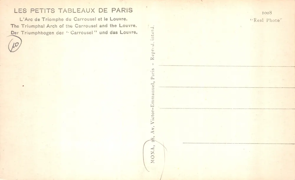 Arc de Triomphe du Carrousel — Ansicht mit dem Louvre — Verlag MONA, Paris - Rückseite