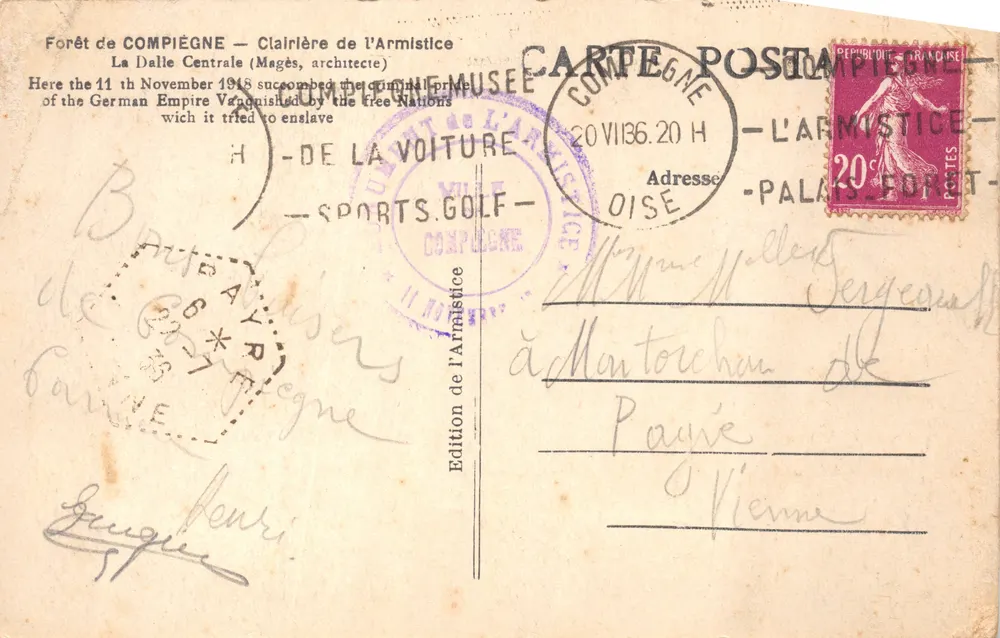Wald von Compiègne — Armistice-Clairière — Zentraler Stein — Armistice-Ausgabe - Rückseite