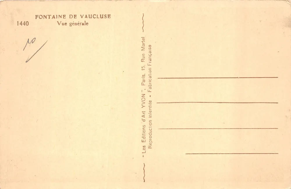 Fontaine de Vaucluse — Allgemeiner Blick — Editions d'Art YVON, Paris - Rückseite