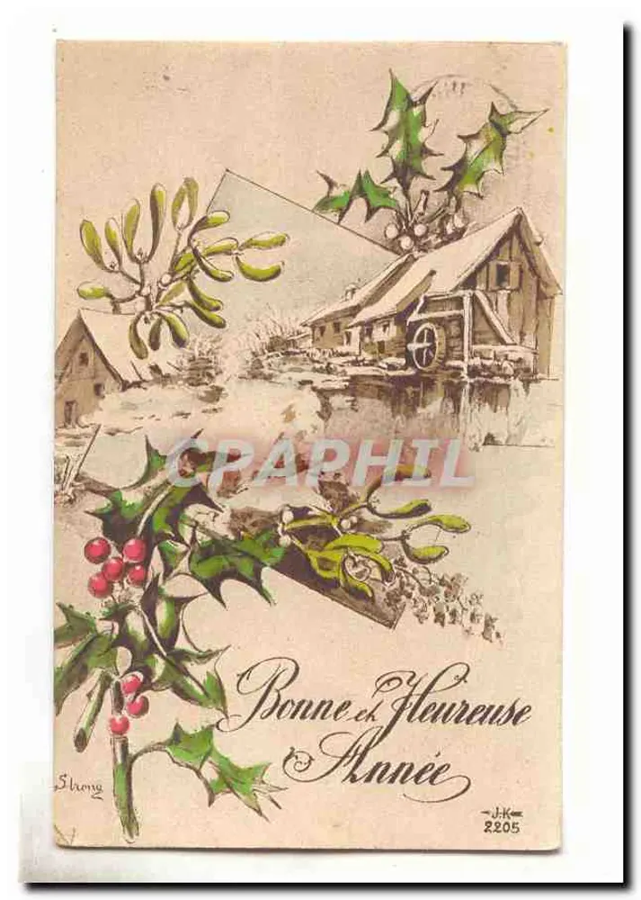 Schneeverdecktes Dorf — Efeu- und Tannenzweig-Dekoration — Verleger J.K., Nr. 2205 - Vorderseite