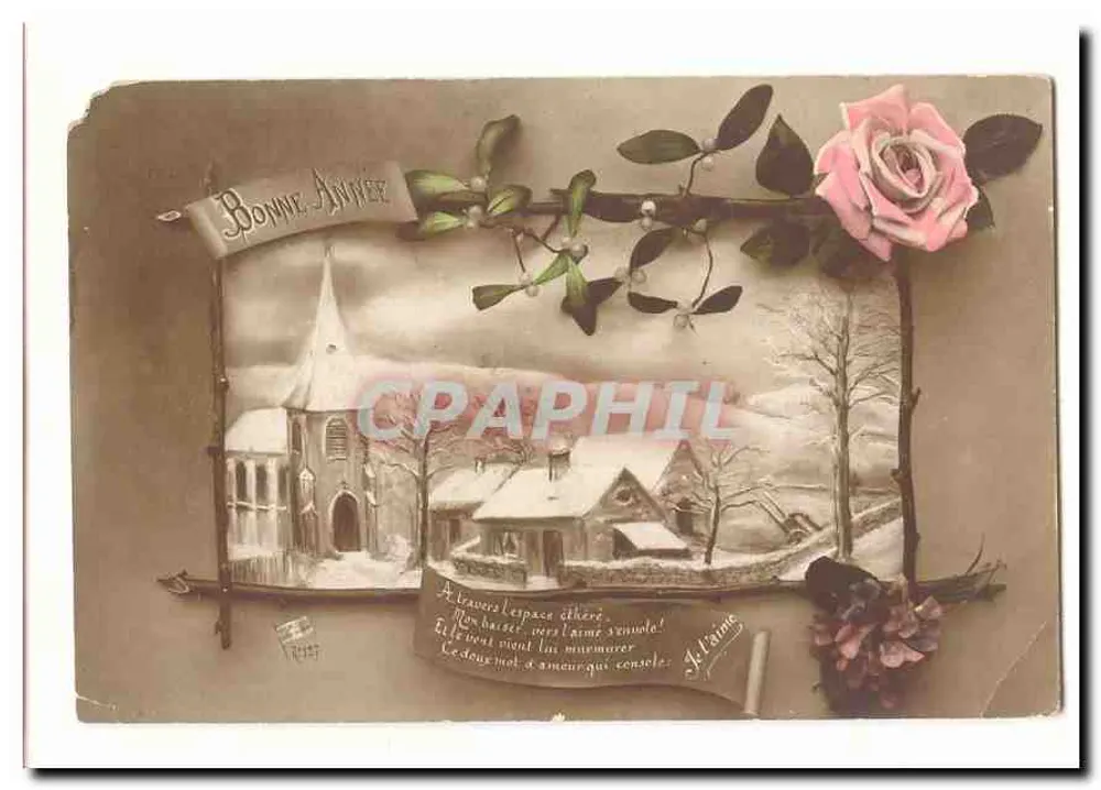 Ansicht eines schneeverdeckten Dorfes — Kirche und Häuser - Vorderseite