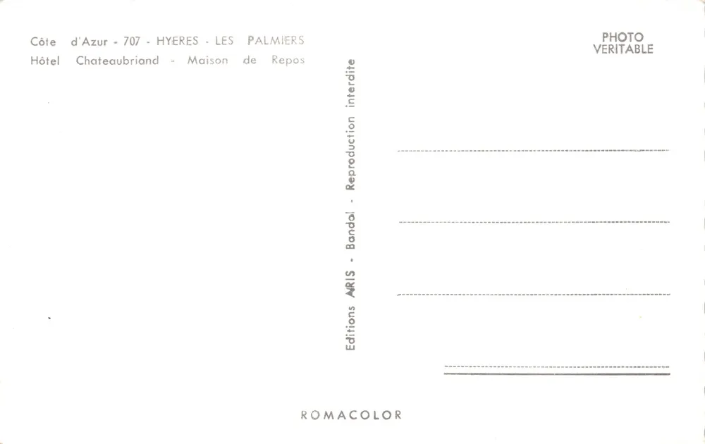 Hotel Chateaubriand — Ruhehaus — Hyères - Les Palmiers — Editions ARIS - Rückseite