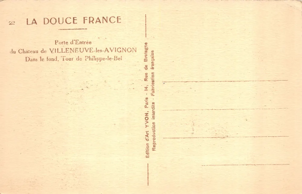 Haupteingang — des Schlosses VILLENEUVE-les-AVIGNON — Verleger YVON - Rückseite