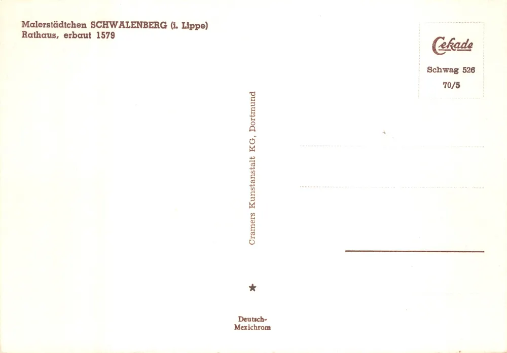 Schwalenberg (i. Lippe) — Rathaus, Verlag Cramers Kunstanstalt KG, Dortmund, Nr. 70/5 - Rückseite