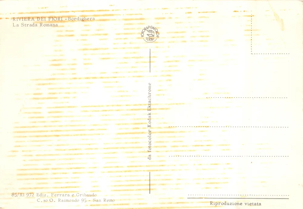 Bordighera — Die Römische Straße — Verlag Ferrara e Gribaudo, n° 85/XI 972 - Rückseite
