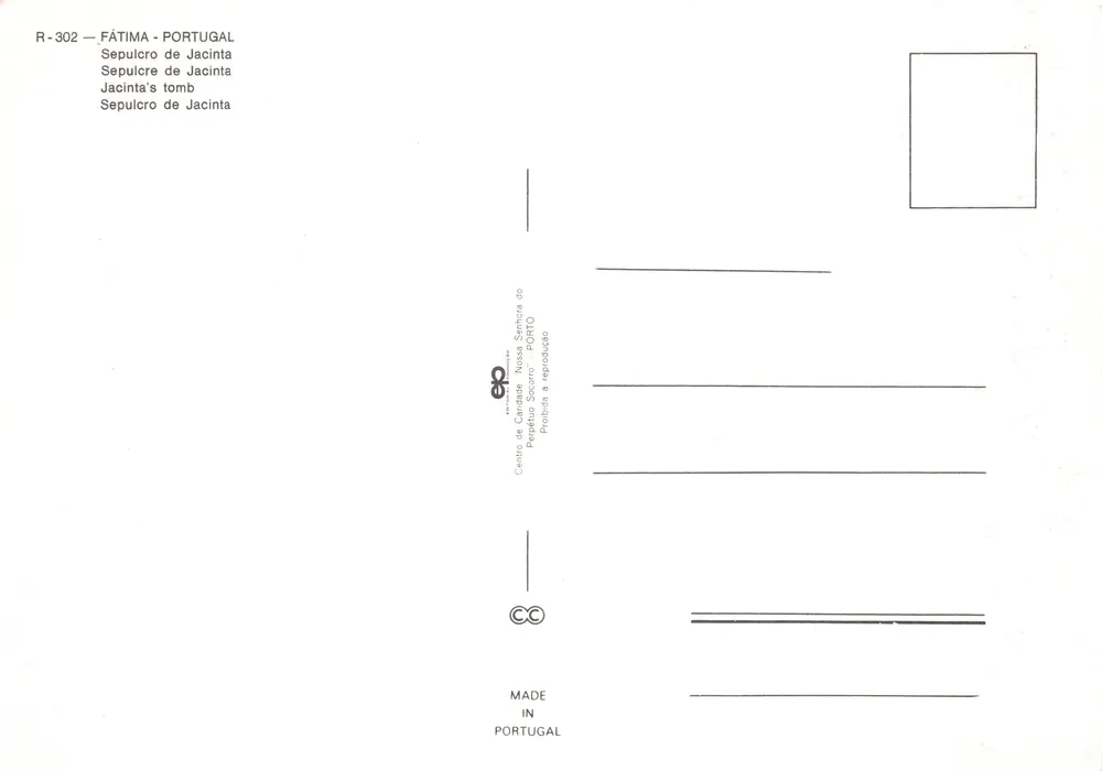 Grab von Jacinta Marto — Fátima — Verlag Centre de Gravuras Socorros, Porto - Rückseite