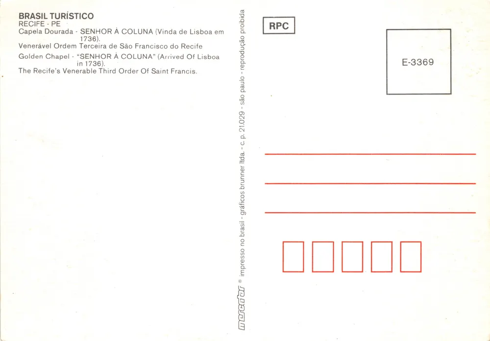 Capela Dourada — SENHOR À COLUNA — éditeur BRASIL TURÍSTICO, n° E-3369 - Verso