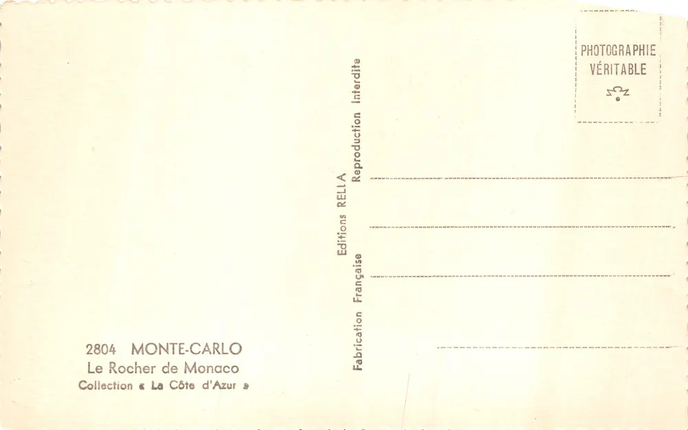 Monte-Carlo — Ansicht des Felsens von Monaco — Éditions Reilla - Rückseite