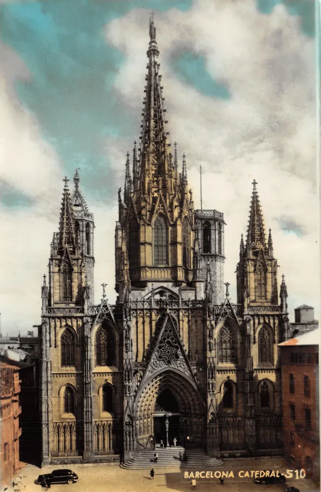 Barcelona Kathedrale — gotische Fassade mit zentraler Spitze — Verlag Tollieres A. ZERKOWITZ, Nr. 510 - Vorderseite
