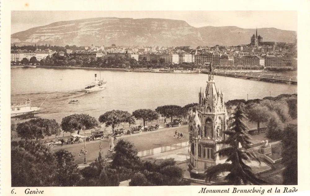 Genf — Denkmal Brunschwig und der Hafen — Verlag Paul Lebet, Genf - Vorderseite
