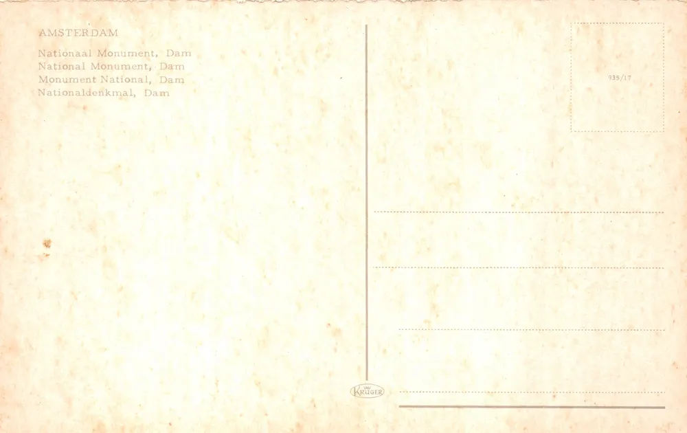 Amsterdam — Nationaldenkmal, Dam — Verlag Krüger, Nr. 935/17 - Rückseite
