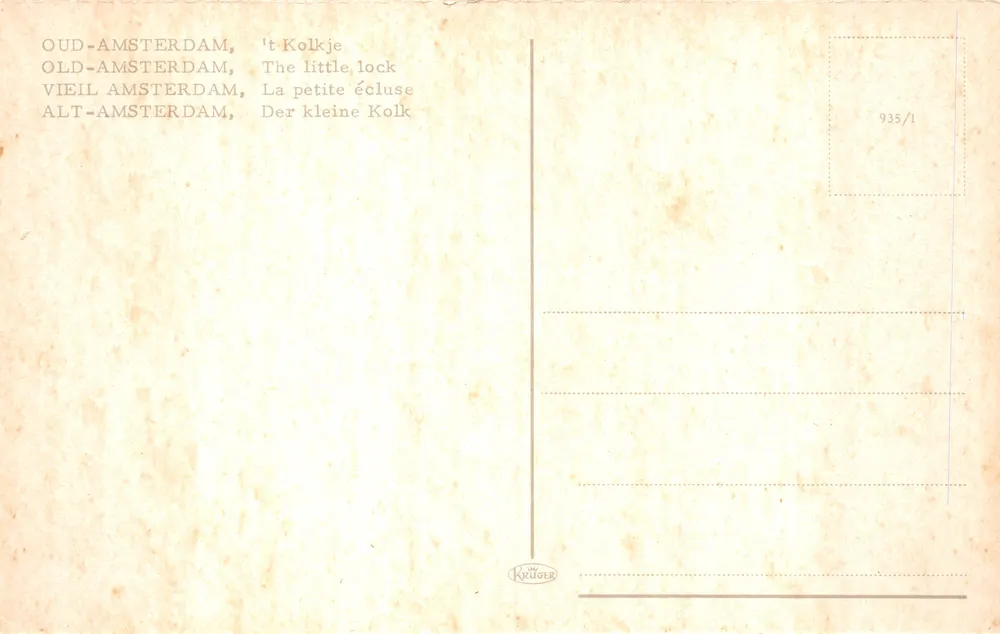 Amsterdam — Kanal mit Schleuse und Kirche — Verlag Krüger, Nr. 935/1 - Rückseite