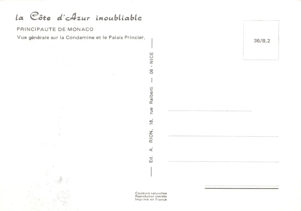 Vue générale de Monaco — Palais Princier — éditeur A. Rion, n° 36/8.2 - Verso