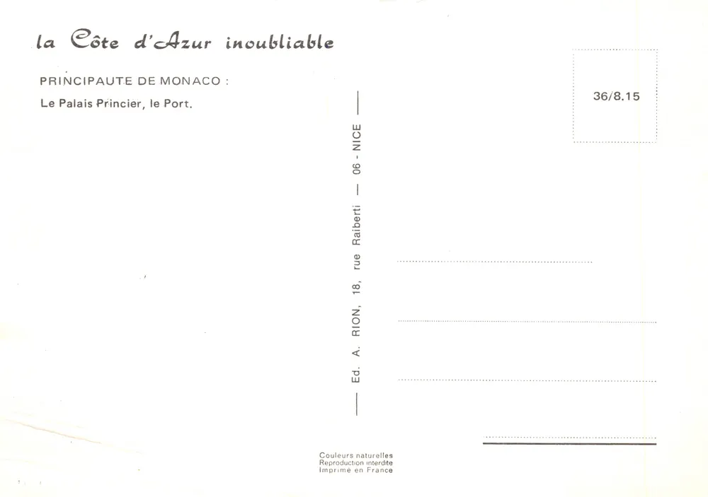 Monaco — Palais Princier et Port — Éditeur A. Rion, Nice - Verso