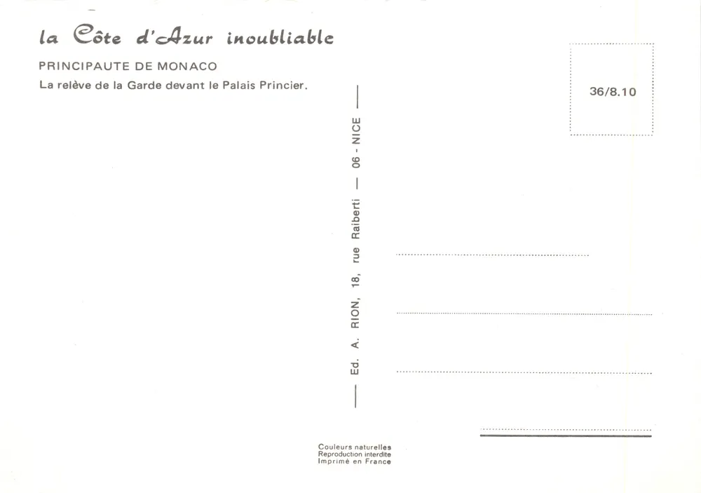 Wachablösung vor dem Fürstentumspalast — Monaco — Verlag RION, Nr. 36/8.10 - Rückseite