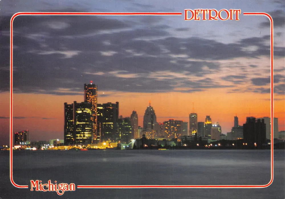 Detroit, Michigan — skyline am Abend — A PERREIN PRINT - Vorderseite