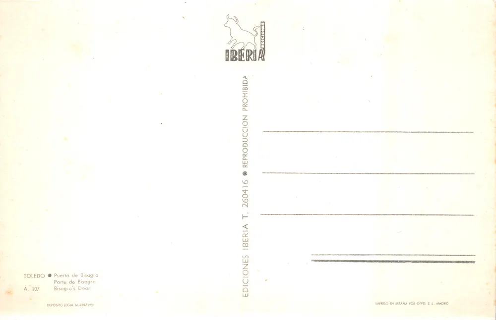 Toledo — Porte de Bisagra — Éditions Iberia, n° A. 107 - Verso